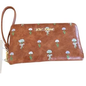 Betsey Johnson, NWT, Wallet, Brown W/ Embroided Flowers, Long Zip, 12 Card Holes